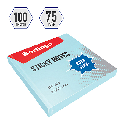 Бумага для заметок "Berlingo Ultra Sticky", 75x75мм, 100л, голубая, клеевой край, в пакете