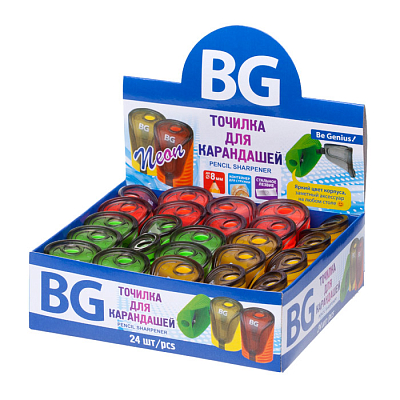 Точилка пластиковая "BG Neon", 1 отверстие, контейнер, корпус ассорти