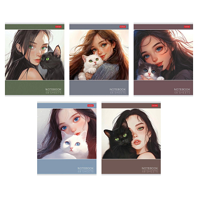 Тетрадь "Hatber", 48л, А5, клетка, ламинация "Soft-Touch", на скобе, серия "Cats and Girls"