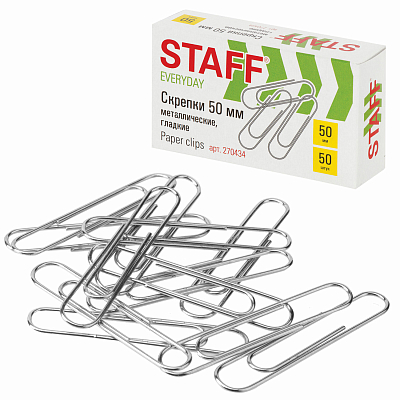 Скрепки канцелярские "Staff Everyday", 50мм, металлические, гладкие, овальные, 50шт в картонной упаковке