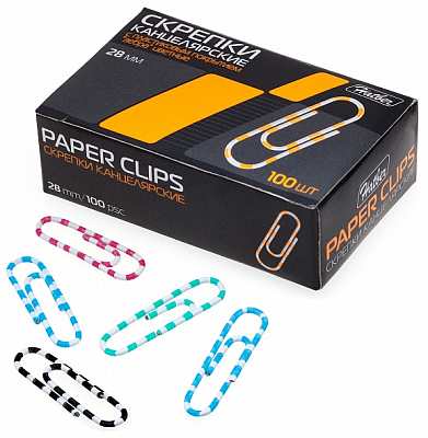 Скрепки канцелярские "Hatber", 28мм, цветные, полосатые, овальные, 100шт в упаковке