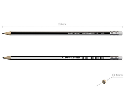 Карандаш чернографитный "Erich Krause Megapolis HB", 2,2мм, заточенный, серебристый шестигранный корпус, с ластиком