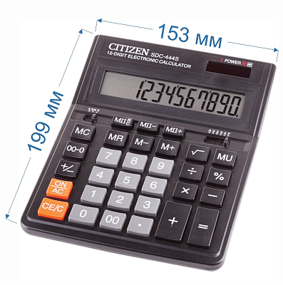 Калькулятор настольный "Citizen", SDC-444S, 12-разрядный, 199x153x31мм, чёрный