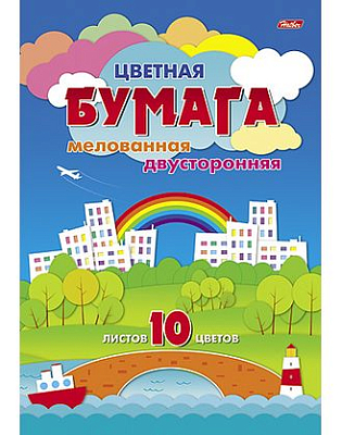 Набор цветной бумаги "Hatber", 10л, 10цв, А4, 195x280мм, мелованная, двусторонняя, в папке, серия "Цветной город"