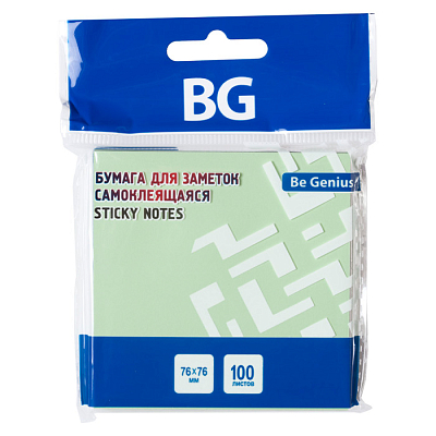 Бумага для заметок "BG", 76x76мм, 100л, зелёная, клеевой край, в пакете