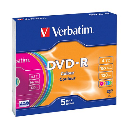 Диски DVD-R, 4.7 GB Verbatim, 5 шт (цветная поверхность)