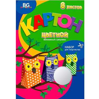 Набор цветного картона "BG", 8л, А4, мелованный, рисунок, в папке, серия "Забавные поделки"