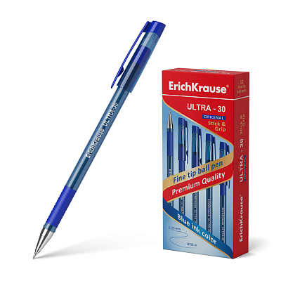 Ручка шариковая "Erich Krause Ultra-30 Original", 0,7мм, синяя, чернила на масляной основе, резиновый грип, синий тонированный корпус