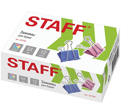 Зажимы для бумаг "Staff Profit", 51мм, 230л, цветные, 12шт в картонной упаковке
