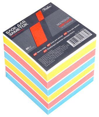 Блок бумаги для заметок "Hatber", 9x9x9см, 5 цветов, сменный блок, непроклеенный, в плёнке