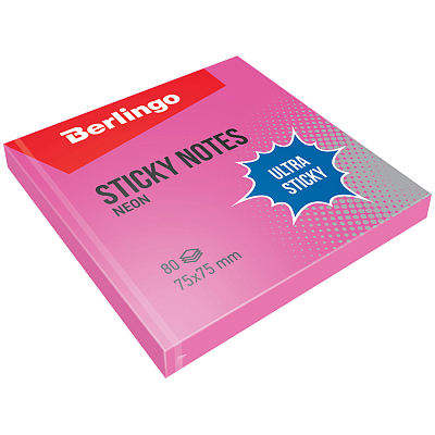 Бумага для заметок "Berlingo Ultra Sticky", 75x75мм, 80л, розовая, неоновая, клеевой край, в пакете