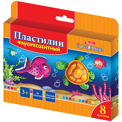 Пластилин флуорисцентный "Hatber", 8 цветов, 120гр, со стеком, серия "Морская семейка"
