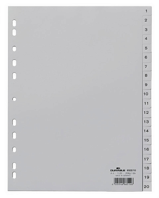 Набор пластиковых разделителей листов "Durable", А4, 20л, 1-20, серые, в плёнке