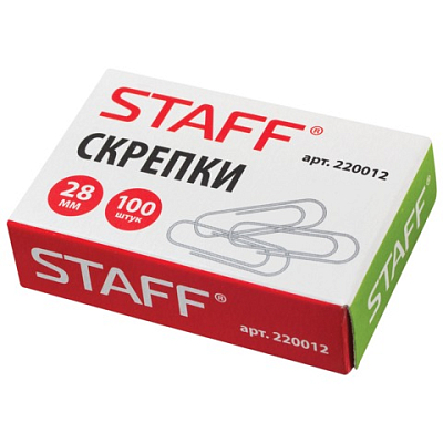 Скрепки канцелярские "Staff", 28мм, металлические, овальные, 100шт картонной в упаковке