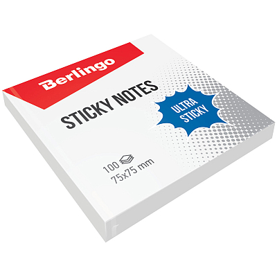Бумага для заметок "Berlingo Ultra Sticky", 75x75мм, 100л, белая, клеевой край, в плёнке