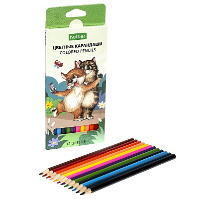 Карандаши "Hatber Eco", 12 цветов, серия "Pets Story", в картонной упаковке