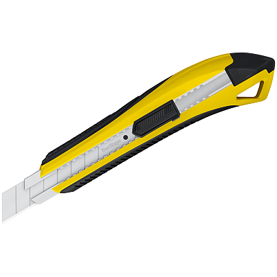 Нож канцелярский "Berlingo Razzor 300", 18мм, нержавеющее лезвие, пластиковый корпус, автофиксатор, прорезиненные вставки, жёлтый, в блистере