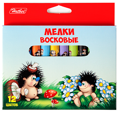 Мелки восковые "Hatber", 12 цветов, диаметр 11мм, серия "Ёжики", 12шт в картонной упаковке