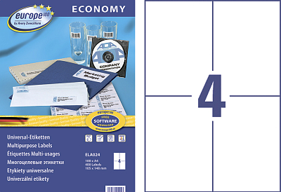 Самоклеящиеся универсальные этикетки "Avery Europe 100", 105x148,5мм, 4 деления, белые, 100 листов в упаковке