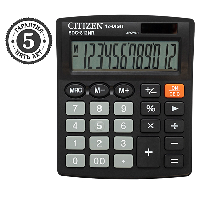 Калькулятор настольный "Citizen", SDC-812NR, 12-разрядный, 102x124x25мм, чёрный