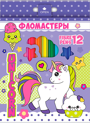 Фломастеры "Hatber VK", 12 цветов, серия "Смешные единороги", в картонной упаковке