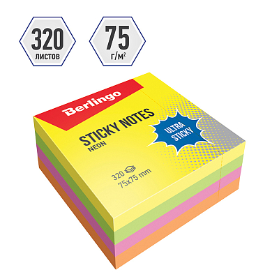 Бумага для заметок "Berlingo Ultra Sticky", 75x75мм, 320л, 4 неоновых цвета, клеевой край, в плёнке