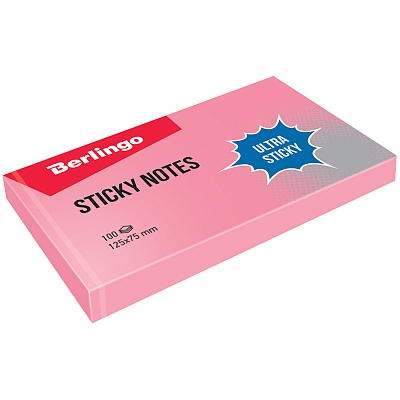 Бумага для заметок "Berlingo Ultra Sticky", 125x75мм, 100л, розовая, клеевой край, в пакете