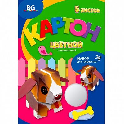 Набор цветного картона "BG", 5л, А4, тонированный, серия "Забавные животные", в папке