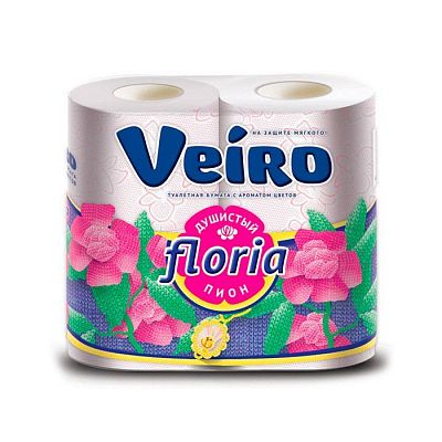 Туалетная бумага "Veiro Flora", серия "Душистый пион", 25м, 2 слоя, белая, упакованы по 4 рулона