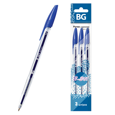 Набор ручек шариковых "BG B-301", 1,0мм, синяя, прозрачный корпус, 3 штуки в пакете
