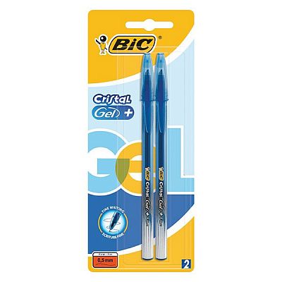 Ручка гелевая BIC Cristal Gel+ Fin, 0,5мм, синяя, 2 штуки в блистере