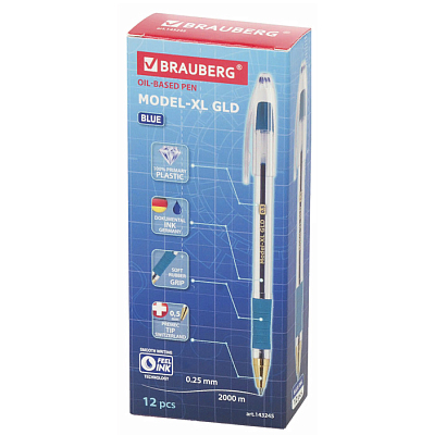 Ручка шариковая "Brauberg Model-XL", 0,5мм, синяя, чернила на масляной основе, прозрачный корпус