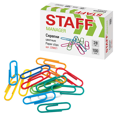 Скрепки канцелярские "Staff", 28мм, цветные, овальные, 100шт в картонной упаковке