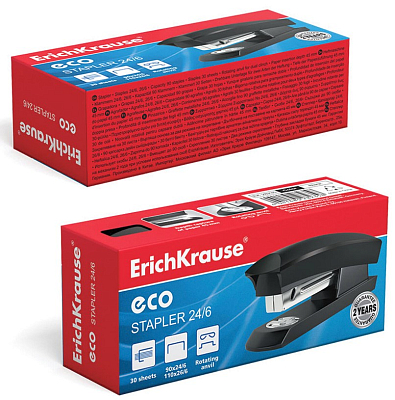Степлер "Erich Krause Eco", №24/6, 30л, пластиковый корпус, металлический механизм, чёрный, в картонной упаковке