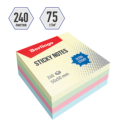 Бумага для заметок "Berlingo Ultra Sticky", 50x50мм, 240л, 4 пастельных цвета, клеевой край, в плёнке
