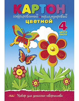 Набор цветного картона "Hatber", 4л, 4цв, А4, 195x280мм, гофрированный, перламутровый, в папке, серия "Летняя полянка"