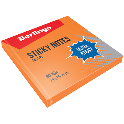 Бумага для заметок "Berlingo Ultra Sticky", 75x75мм, 80л, оранжевая, неоновая, клеевой край, в пакете