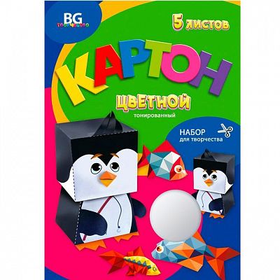 Набор цветного картона "BG", 5л, А4, тонированный, серия "Забавные животные", в папке