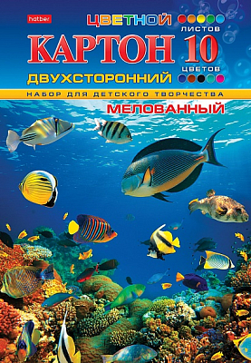 Набор цветного картона "Hatber", 10л, 10цв, А4, 195x280мм, двухсторонний, в папке, серия "Подводный мир"