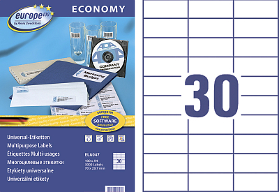 Самоклеящиеся универсальные этикетки "Avery Europe 100", 70x29,7мм, 30 делений, белые, 100 листов в упаковке