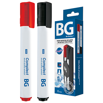 Набор маркеров и губки для доски "BG Comfort", 4мм, круглый наконечник, 2 цвета в картонной упаковке