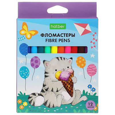 Фломастеры "Hatber Eco", 12 цветов, серия "Приключения кота Пирожка", в картонной упаковке