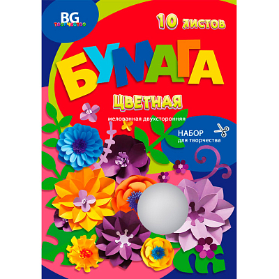 Набор цветной бумаги "BG", 10л, А4, мелованная, двусторонняя, в папке, серия "Flowers Mix"