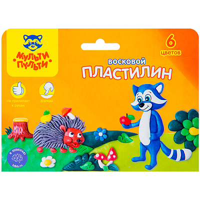 Пластилин восковой "Мульти-Пульти", 6 цветов, 90гр, со стеком, серия "Енот в лесу"