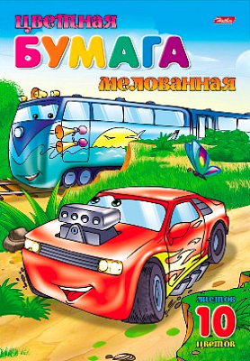 Набор цветной бумаги "Hatber", 10л, 10цв, А4, 195x280мм, мелованная, в папке, серия "Тачки"