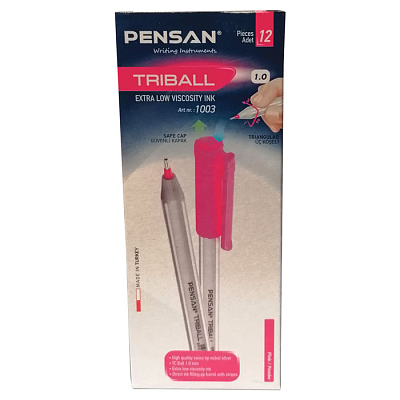 Ручка шариковая "Pensan Triball", 1мм, розовая, трёхгранный серебристый корпус