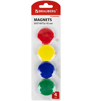 Магниты для досок "Brauberg Standard", 40мм, цветные, 4шт в блистере