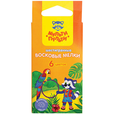 Мелки восковые "Мульти-Пульти", 6 цветов, 8мм, шестигранные, серия "Енот в Новой Гвинее", 6шт в картонной упаковке