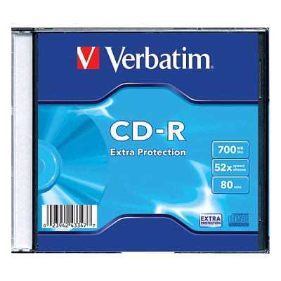 Диск CD-R, "Verbatim", 700МВ, 80Min, 52x, белая поверхность, 1шт/Slim-case