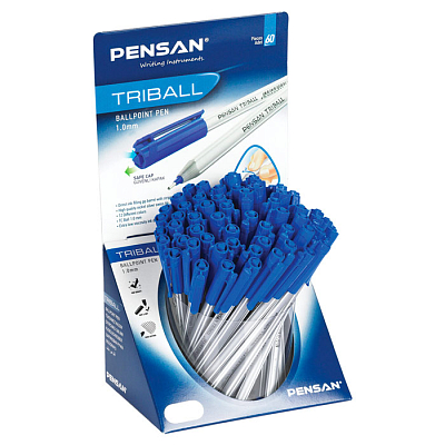Ручка шариковая "Pensan Triball", 1мм, синяя, чернила на масляной основе, трёхгранный серебристый корпус